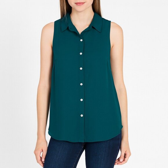 Share H & M womens green sleeveless hi lo sheer buttong down blouse size 6 NWOT - Picture 1 of 4